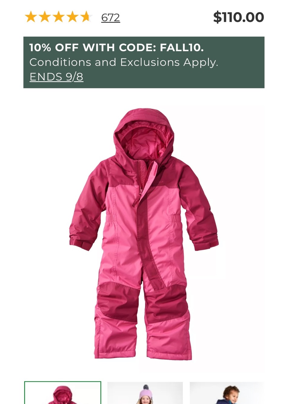 L.L. Bean Girls' Two-Tone Pink Snowsuit